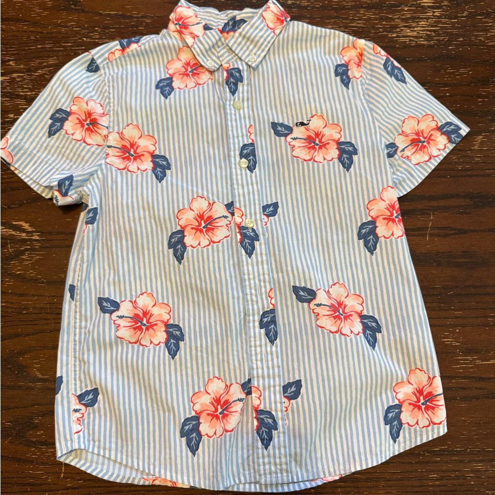 Vineyard Vines Blue & White Striped Shirt with Coral Floral Accents